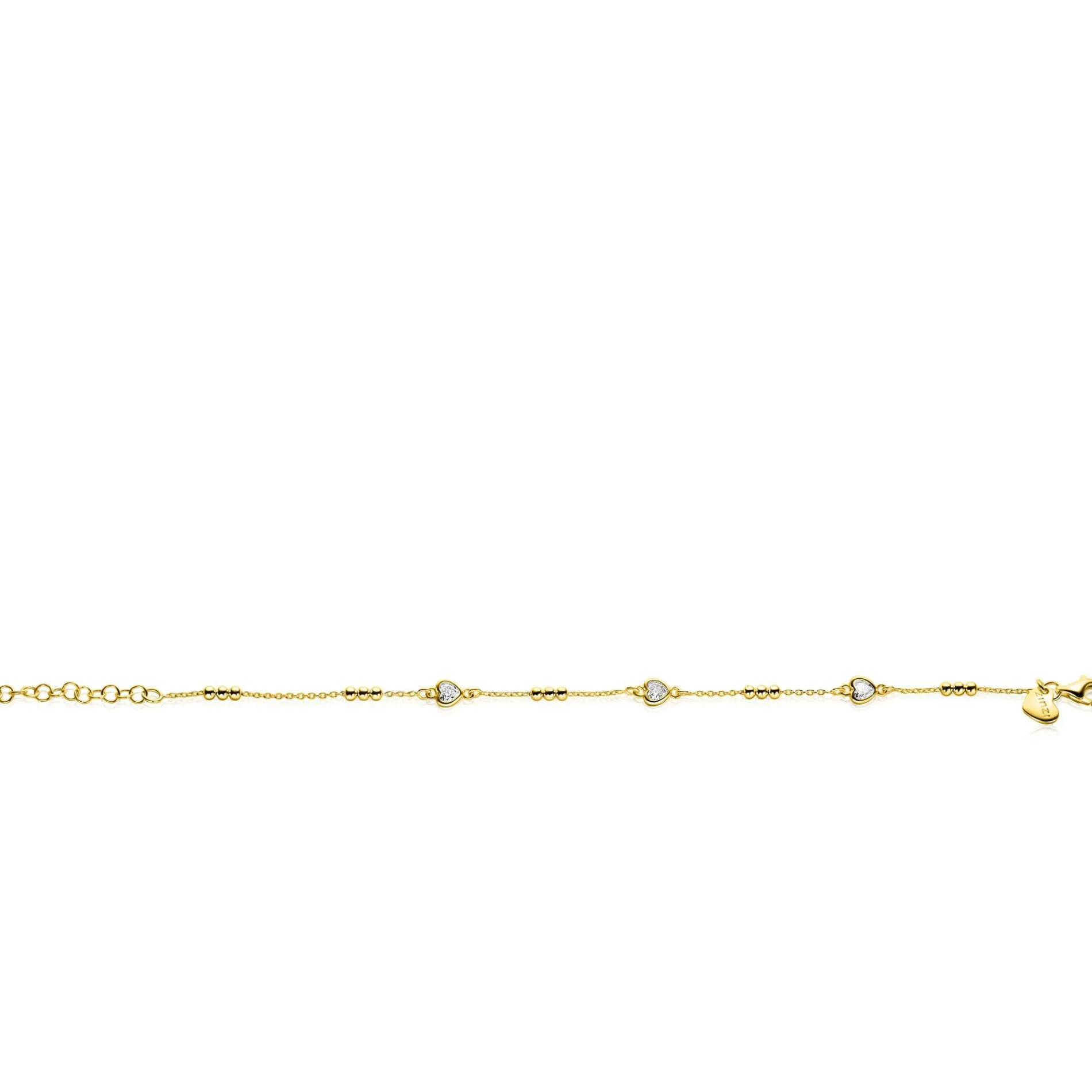ZINZI gold plated zilveren schakelarmband met trio-bolletjes en drie hartvormige zirkonia's 17-20cm ZIA2679