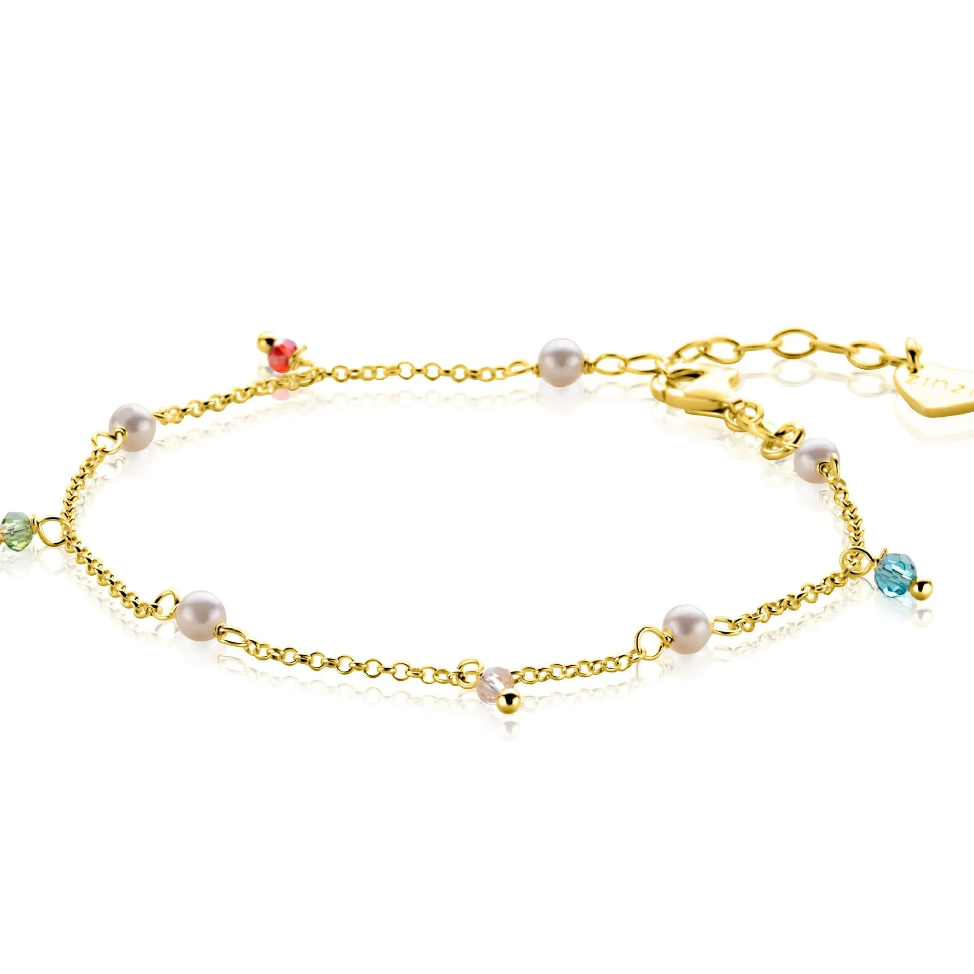 ZINZI gold plated zilveren armband met witte parels en bungelende beads (5,5 mm) in frisse kleuren 17-20cm ZIA2705G