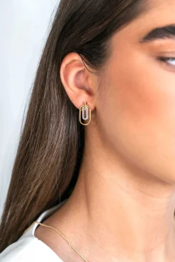 ZINZI gold plated zilveren ovale oorstekers 20mm bezet met witte zirconia's ZIO2329