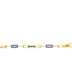 ZINZI gold plated zilveren armband met paperclip-schakels en trendy schakels in lapisblauw en malachietgroen 19cm ZIA2455