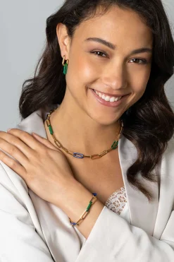 ZINZI gold plated zilveren armband met paperclip-schakels en trendy schakels in lapisblauw en malachietgroen 19cm ZIA2455