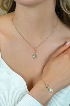 ZINZI gold plated zilveren ketting met open rondje en ovale hanger, bezet met turquoise kleursteen 40-45cm ZIC2716G