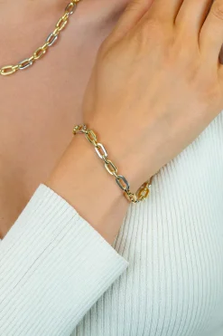 ZINZI gold plated zilveren schakelarmband met bicolor rechthoekige schakels (6,5mm breed) ZIA2757