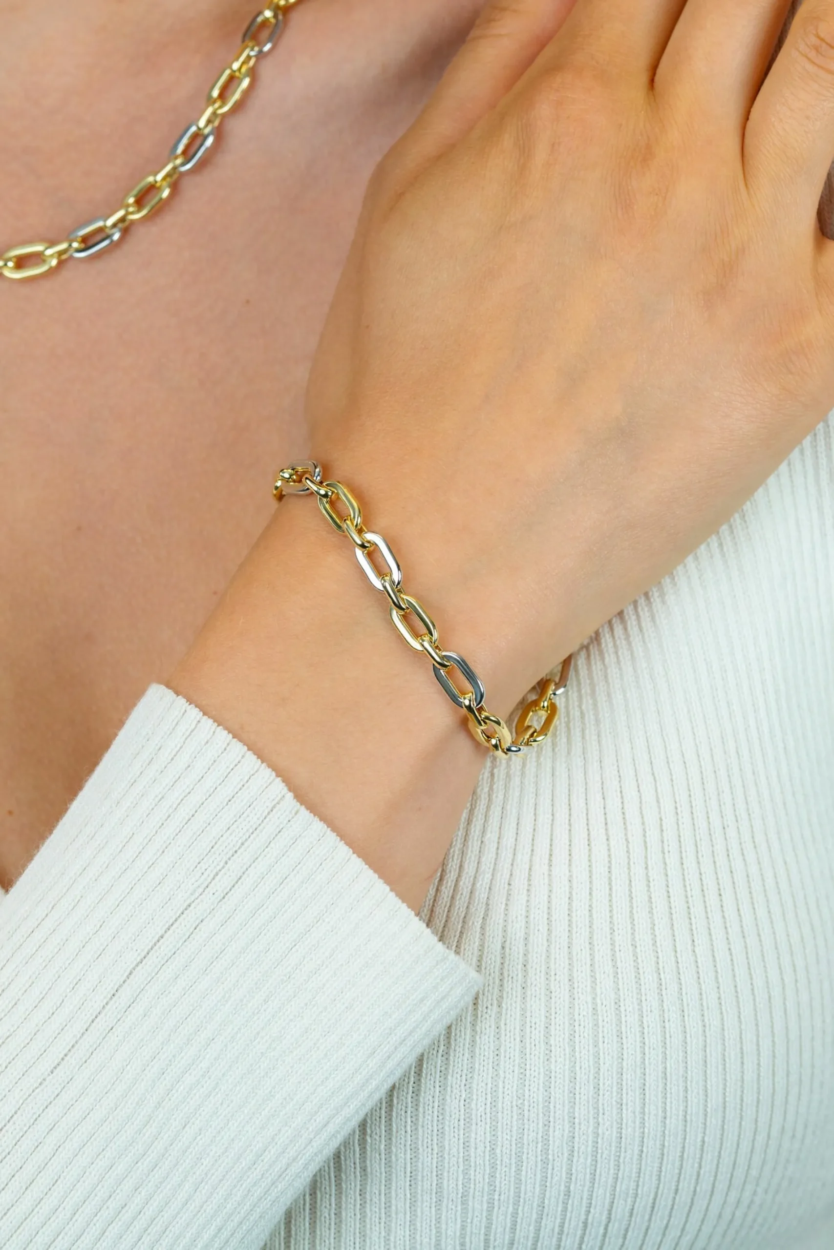 ZINZI gold plated zilveren schakelarmband met bicolor rechthoekige schakels (6,5mm breed) ZIA2757