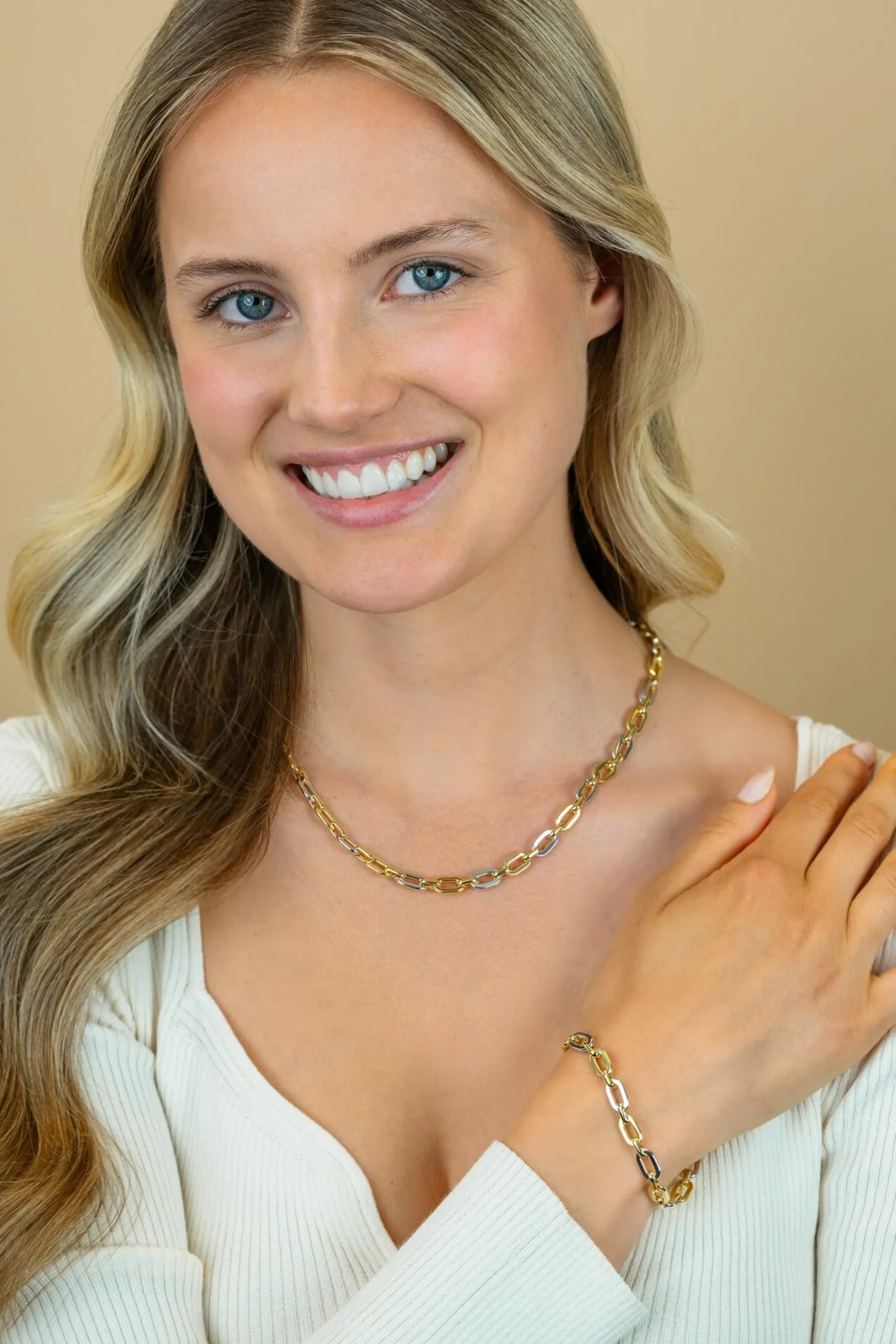 ZINZI gold plated zilveren schakelarmband met bicolor rechthoekige schakels (6,5mm breed) ZIA2757
