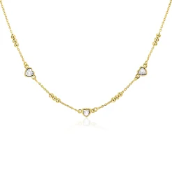 ZINZI gold plated zilveren schakelketting met trio-bolletjes en drie hartvormige witte zirkonia's 40-45cm ZIC2679