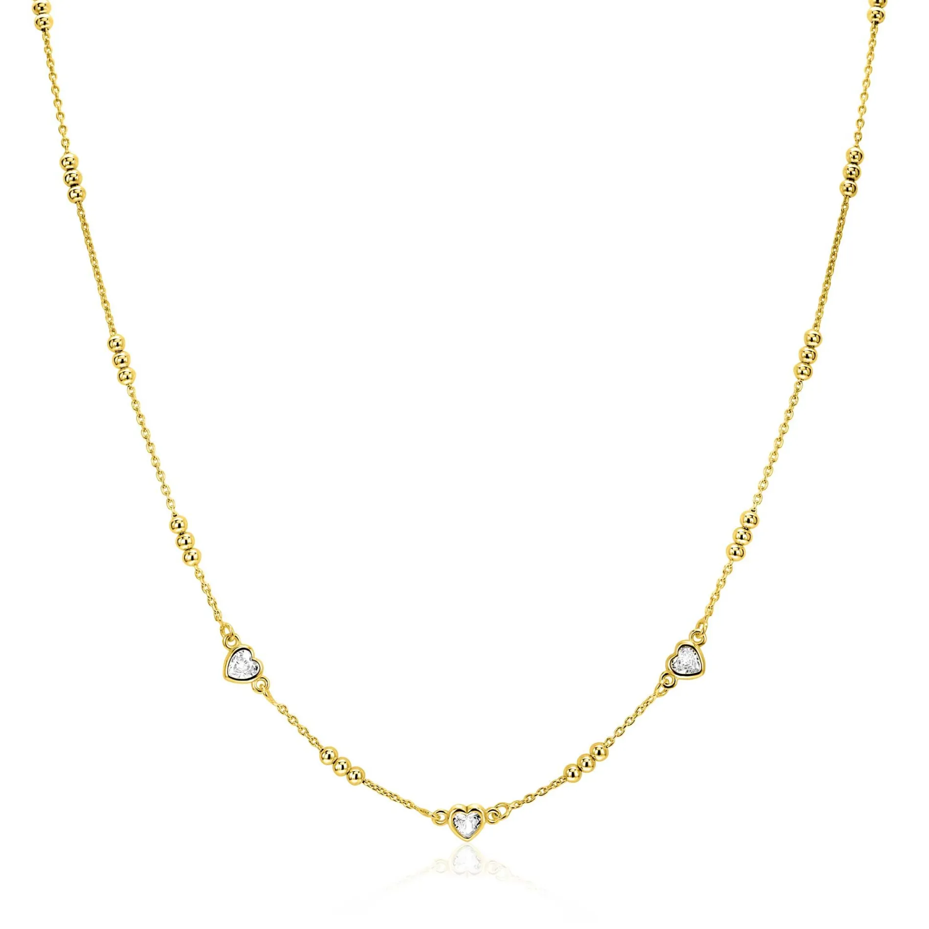 ZINZI gold plated zilveren schakelketting met trio-bolletjes en drie hartvormige witte zirkonia's 40-45cm ZIC2679