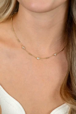 ZINZI gold plated zilveren schakelketting met trio-bolletjes en drie hartvormige witte zirkonia's 40-45cm ZIC2679