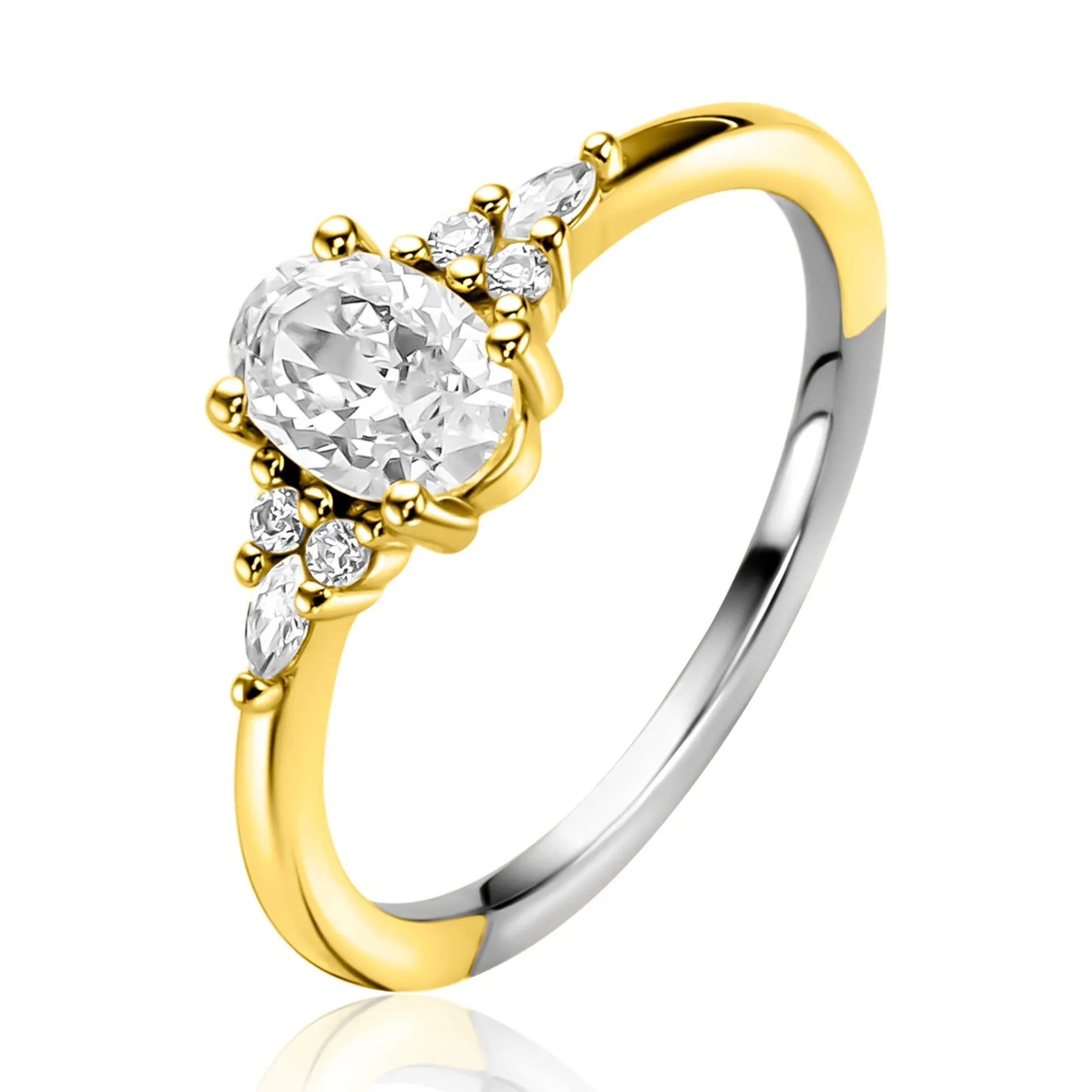 ZINZI gold plated zilveren verlovingsring met grote ovale witte zirkonia (7mm) en kleinere zirkonia's, met klein hartje aan de zijkant ZIR2698Y