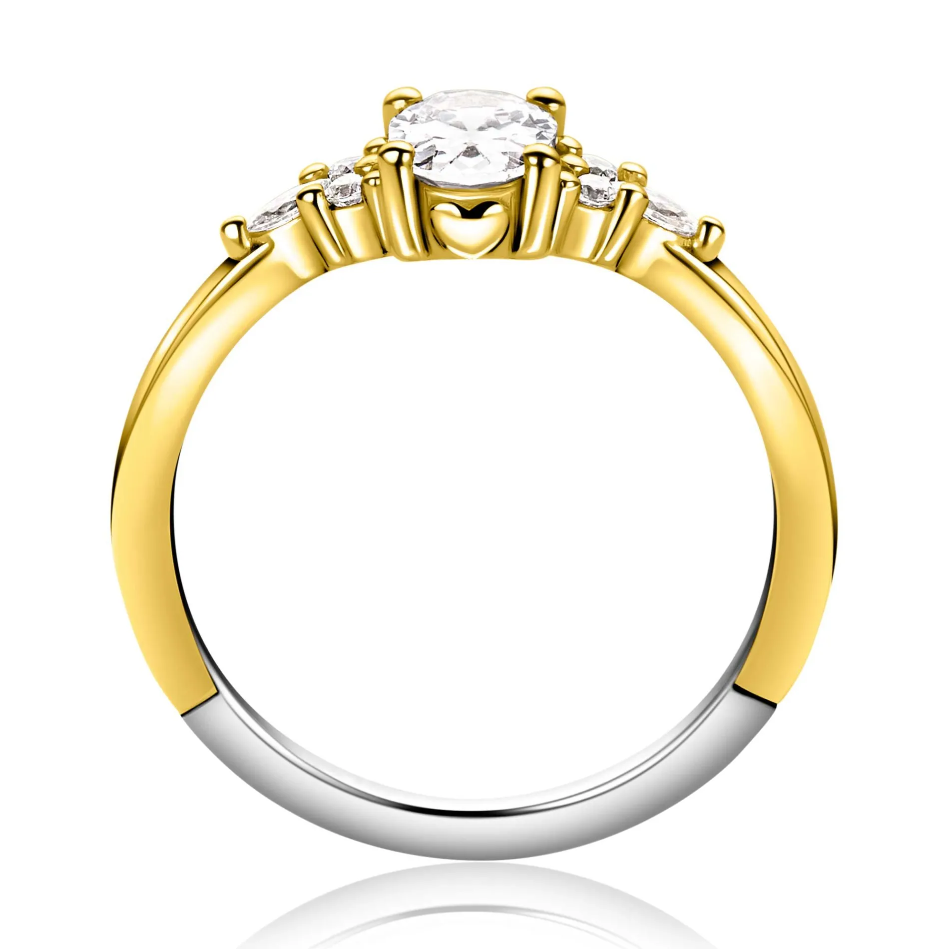 ZINZI gold plated zilveren verlovingsring met grote ovale witte zirkonia (7mm) en kleinere zirkonia's, met klein hartje aan de zijkant ZIR2698Y