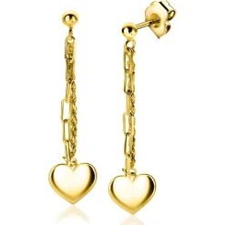 ZINZI gold plated zilveren oorstekers 52mm lang met twee trendy schakels en glad hart ZIO2381G