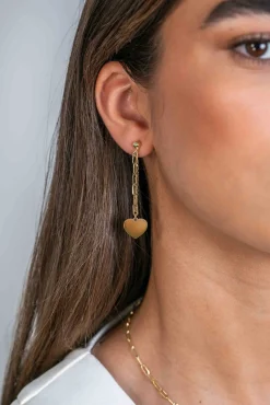 ZINZI gold plated zilveren oorstekers 52mm lang met twee trendy schakels en glad hart ZIO2381G