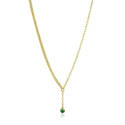 ZINZI gold plated zilveren Y-collier met subtiele schakels, bungelend groene ronde kleursteen 42-45cm ZIC2660G