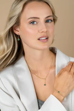 ZINZI gold plated zilveren Y-collier met subtiele schakels, bungelend groene ronde kleursteen 42-45cm ZIC2660G