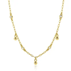 ZINZI gold plated zilveren schakelketting met vier witte zirkonia's en 3 ronde bolletjes, gelijkmatig verdeeld over de ketting 42-45cm ZIC2658
