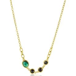 ZINZI gold plated zilveren schakel ketting 45cm met drie ronde zettingen zwart en ovale zetting groen 42-45cm ZIC2389