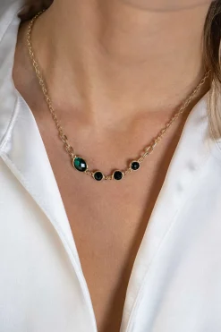 ZINZI gold plated zilveren schakel ketting 45cm met drie ronde zettingen zwart en ovale zetting groen 42-45cm ZIC2389