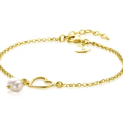 ZINZI gold plated zilveren armband met open hartje en bungelend witte zoetwaterparel 16-19cm ZIA2642
