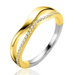 ZINZI gold plated zilveren multilook ring (6mm breed) organisch gevormd met twee golvende banen, waarvan één bezet met witte zirconia's ZIR2629Y