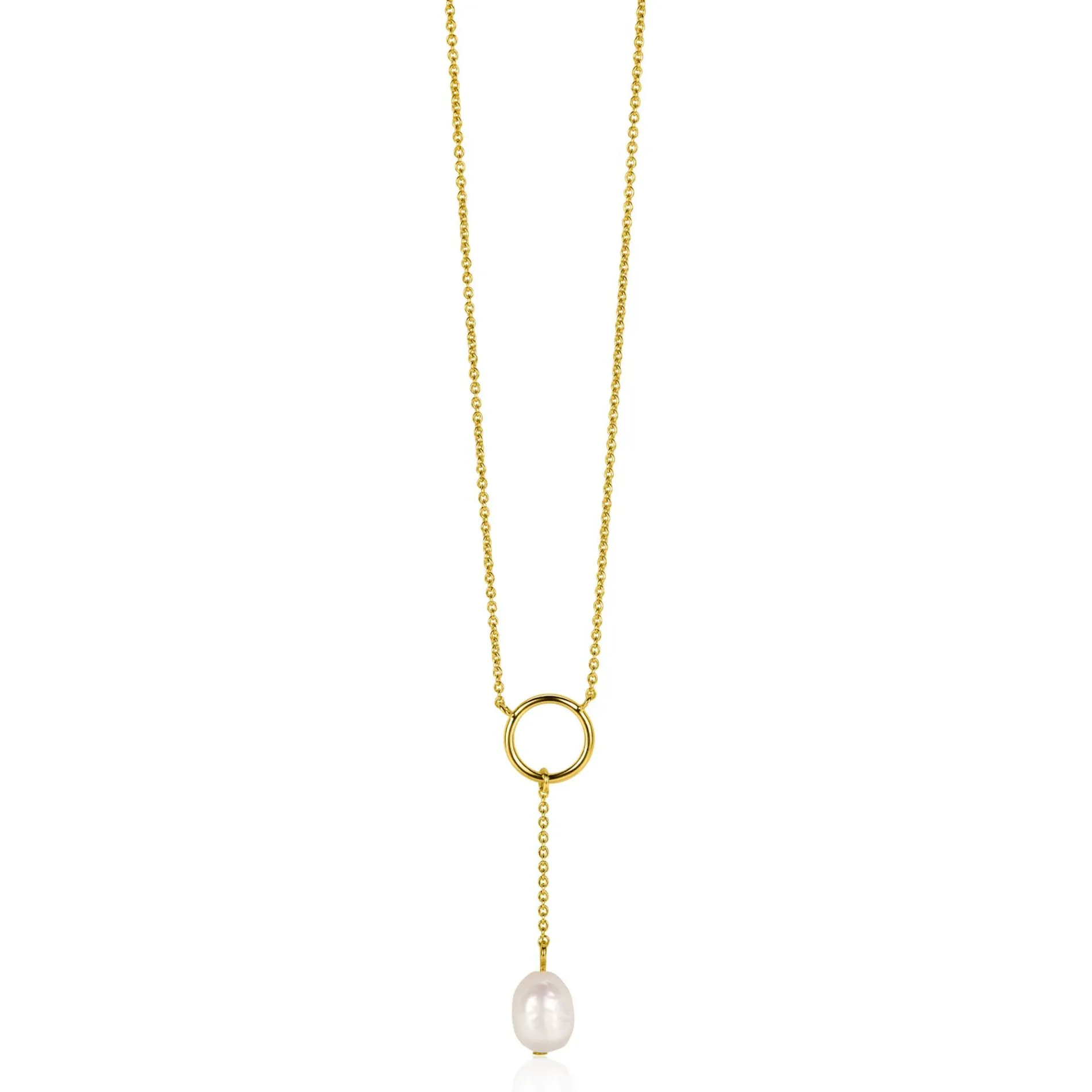 ZINZI gold plated zilveren Y-ketting met open rondje en bungelend witte zoetwaterparel in organische vorm 42-45cm ZIC2615