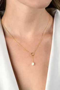 ZINZI gold plated zilveren Y-ketting met open rondje en bungelend witte zoetwaterparel in organische vorm 42-45cm ZIC2615
