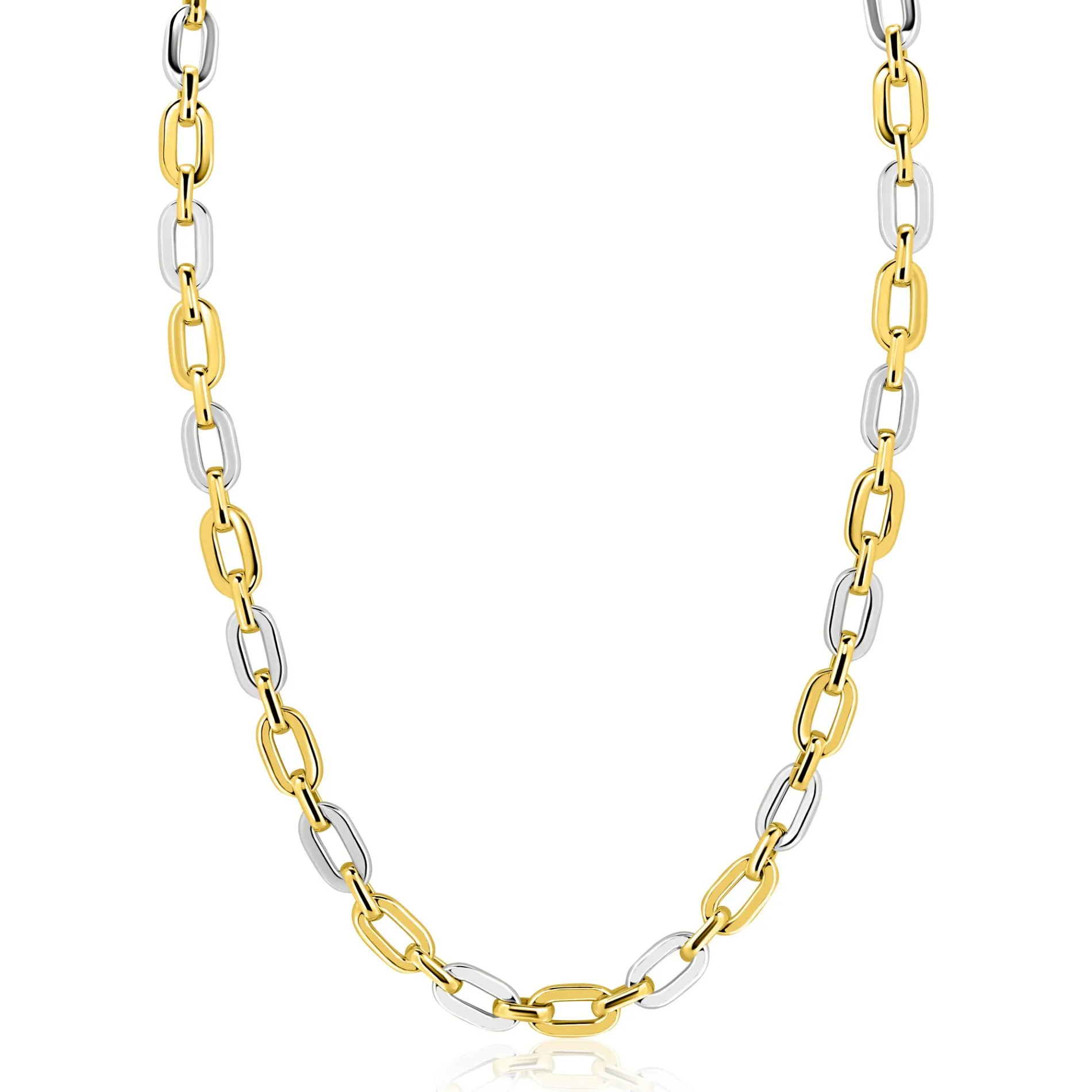 ZINZI gold plated zilveren schakelketting 42-45cm met bicolor rechthoekige schakels (6,5mm breed) ZIC2757