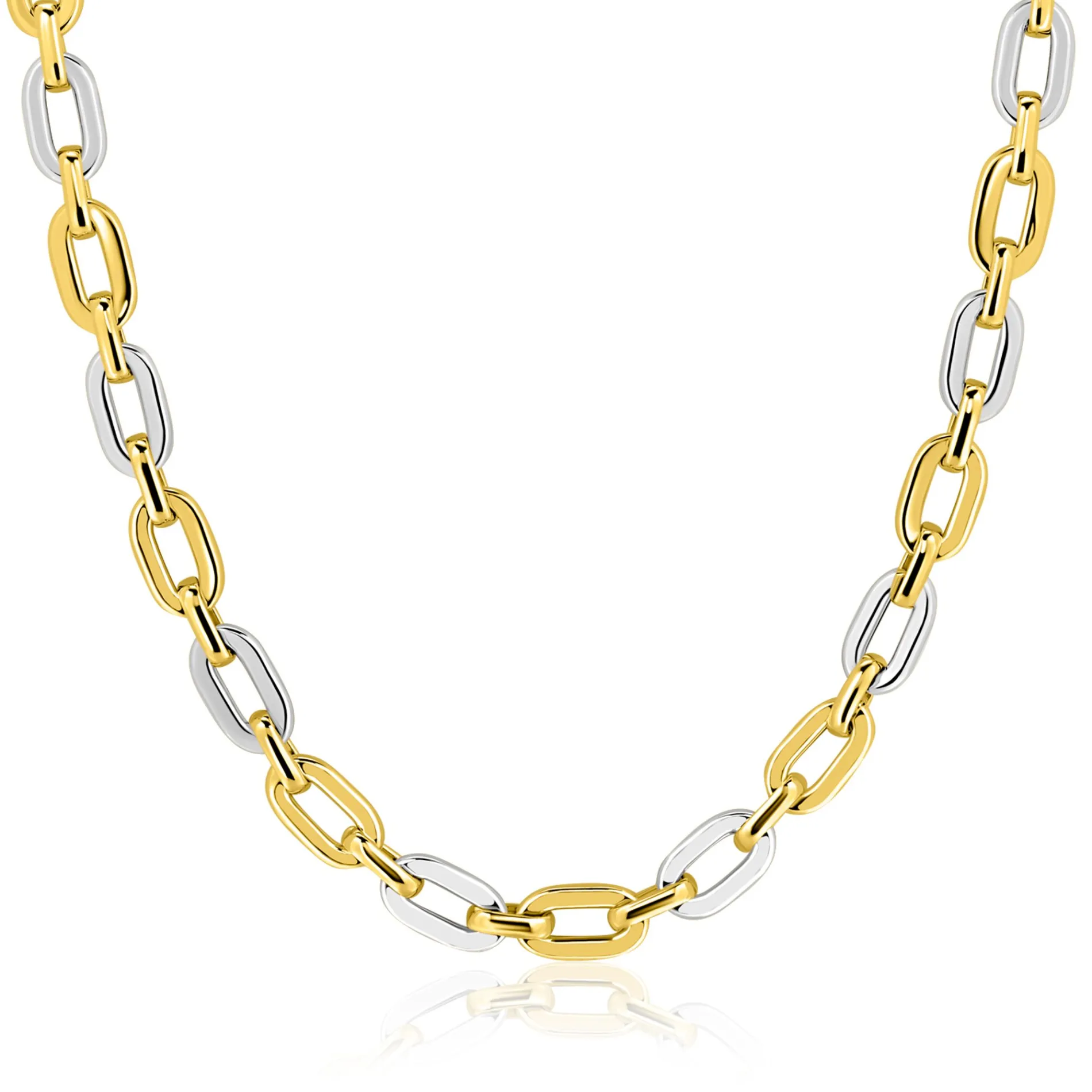 ZINZI gold plated zilveren schakelketting 42-45cm met bicolor rechthoekige schakels (6,5mm breed) ZIC2757
