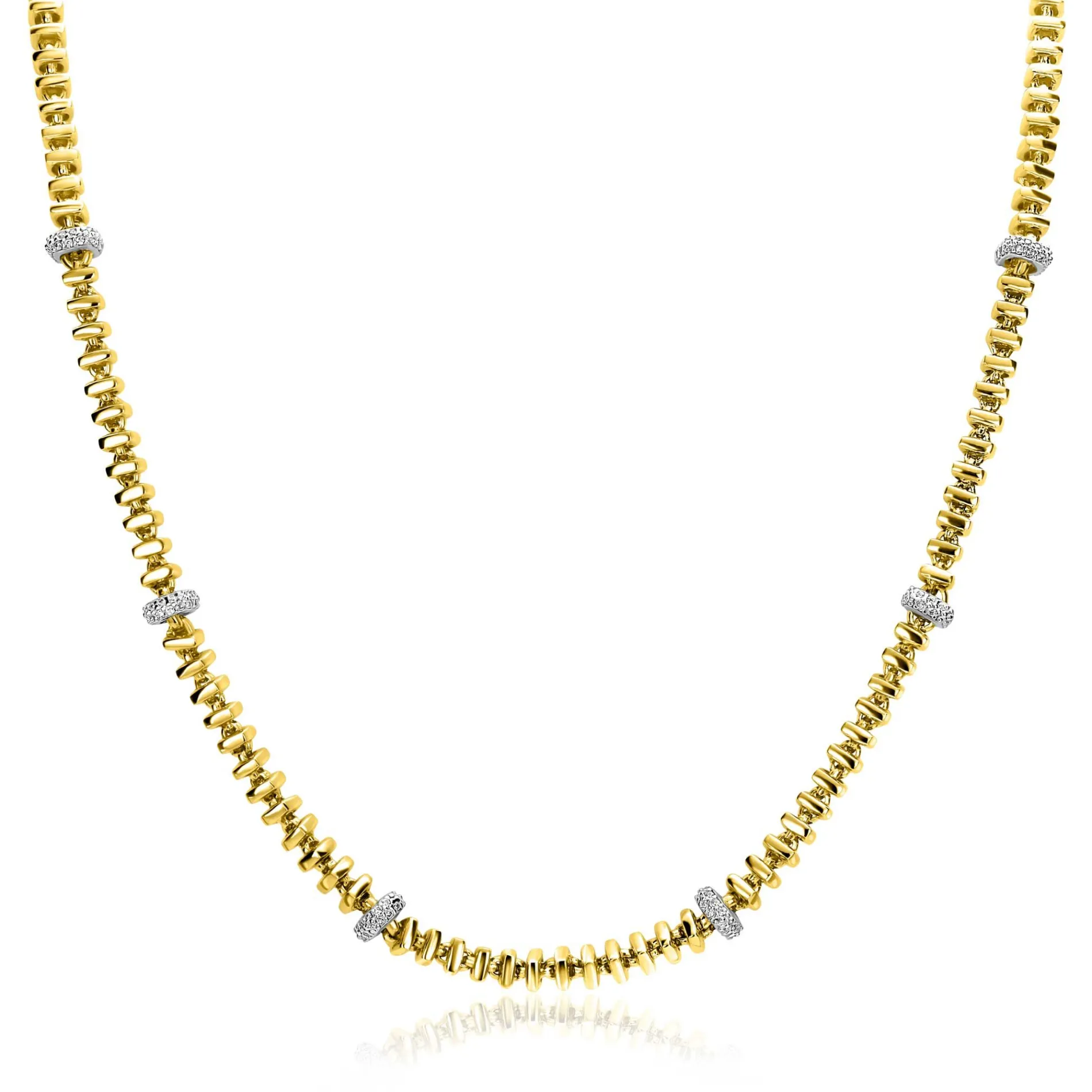 ZINZI gold plated zilveren vierkante schakel ketting 6mm breed afwisselend bezet met witte zirkonia's 45cm ZIC2678Y