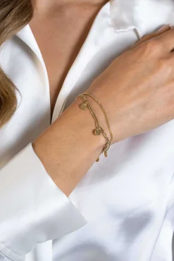 ZINZI gold plated zilveren multi-look armband met gourmet en figaro schakels met 5 ronde plaatjes ZIA2368