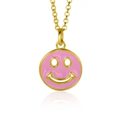 ZINZI gold plated zilveren hanger smiley rond 15mm met roze emaille ZIH2312R (zonder collier)
