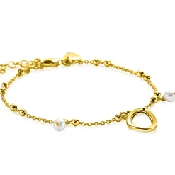 ZINZI gold plated zilveren fantasie armband met 15 kleine bolletjes, twee bungelende witte pareltjes en met speelse organische open vorm in het midden 17-20cm ZIA2405