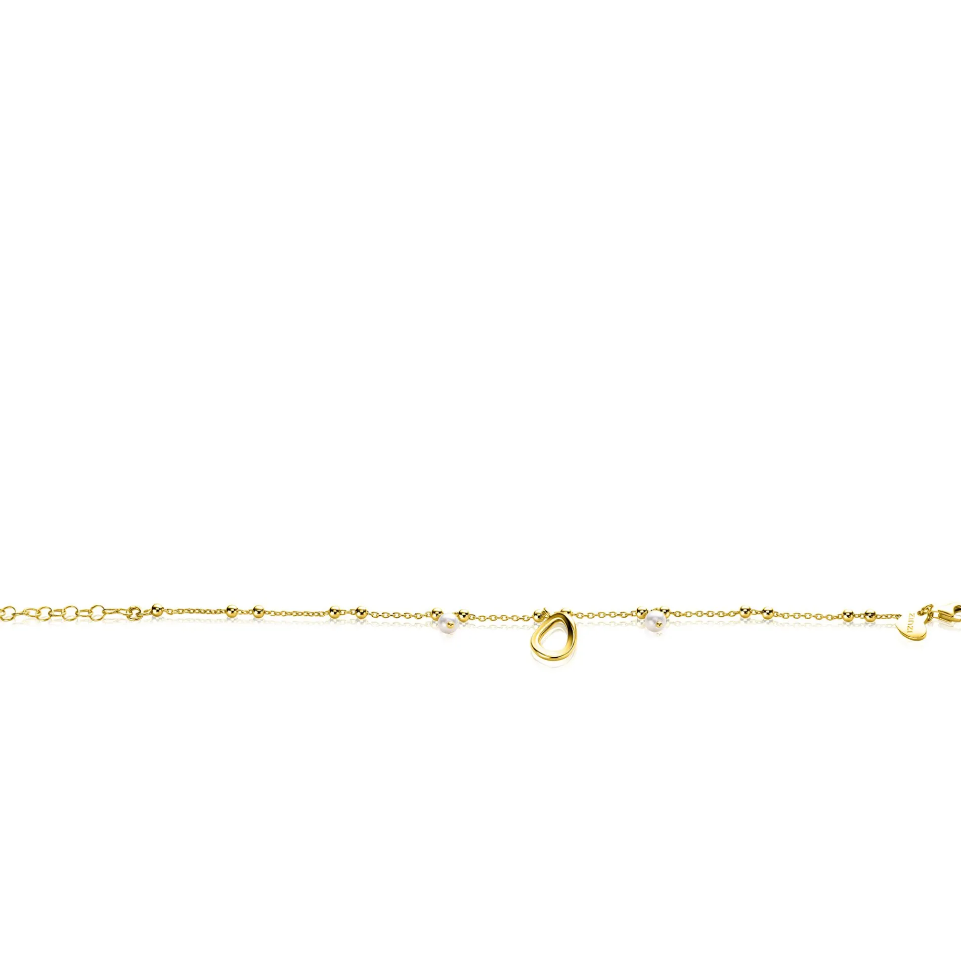 ZINZI gold plated zilveren fantasie armband met 15 kleine bolletjes, twee bungelende witte pareltjes en met speelse organische open vorm in het midden 17-20cm ZIA2405