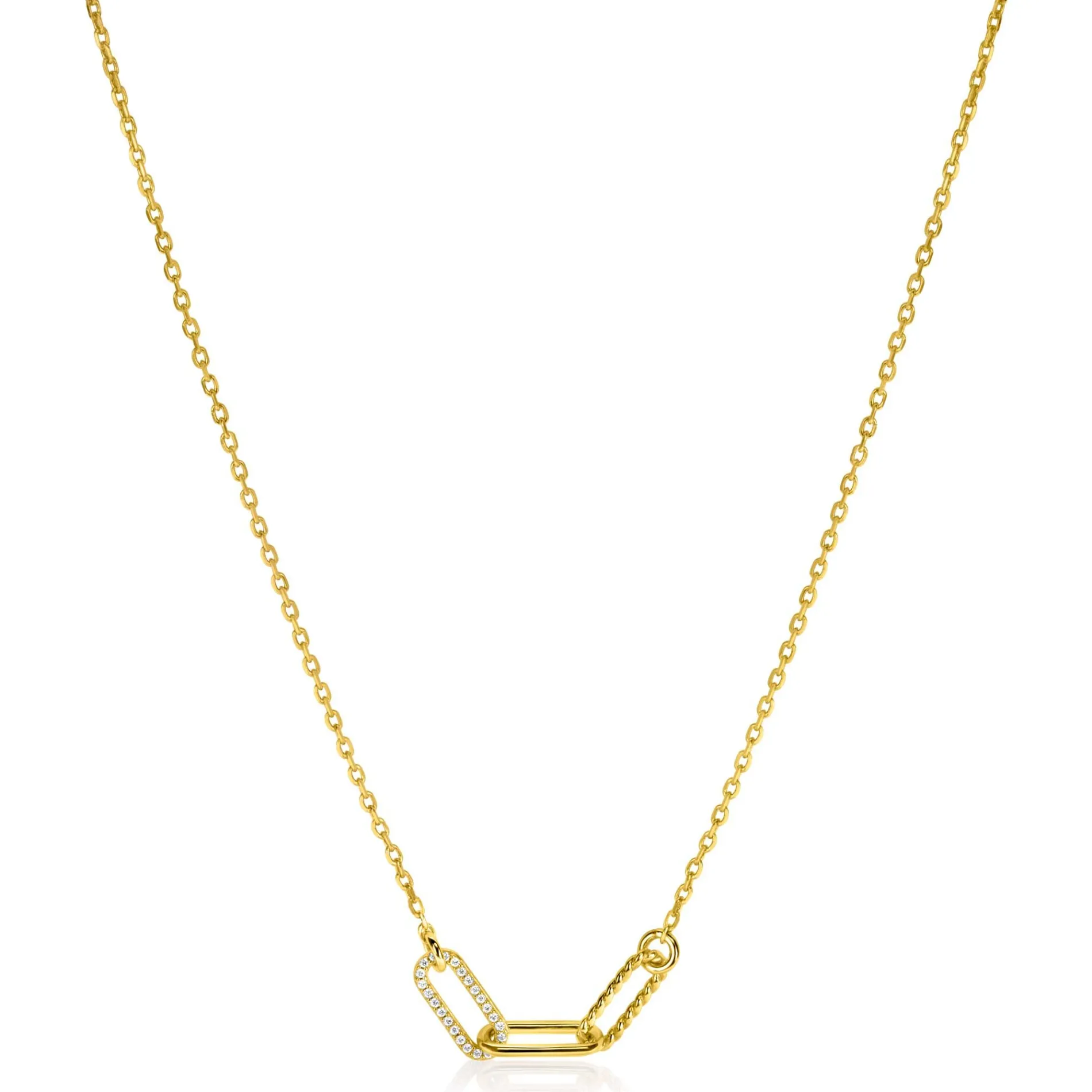 ZINZI gold plated zilveren schakel ketting 45cm met drie paperclip schakels, glad bewerkt witte zirconia's ZIC2330Y