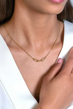 ZINZI gold plated zilveren schakel ketting 45cm met drie paperclip schakels, glad bewerkt witte zirconia's ZIC2330Y