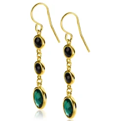 ZINZI gold plated zilveren lange oorhangers 50mm, bezet met twee ronde zwarte zirconia's en een grotere ovale groene kleursteen ZIO2389