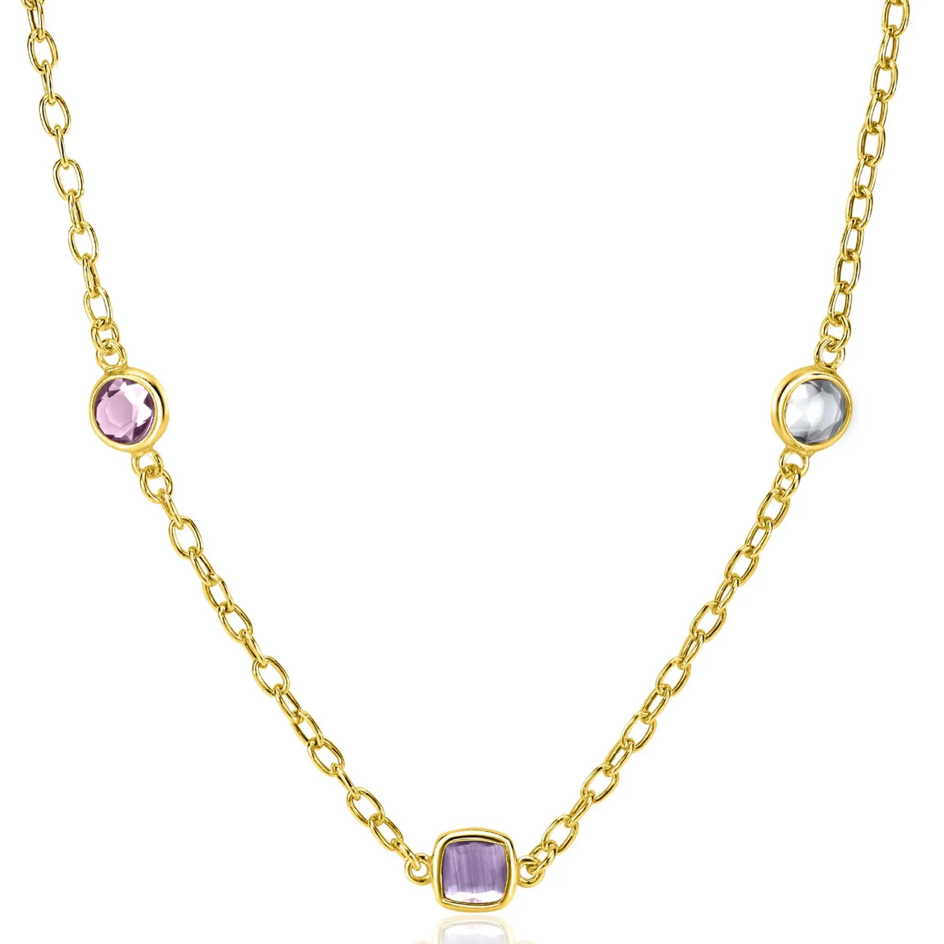 ZINZI gold plated zilveren schakelketting met ronde en vierkante zettingen pastel en paars 42-45cm ZIC2525G