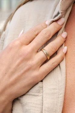 ZINZI gold plated zilveren ring (5mm breed) met veertjesmotief ZIR2644G