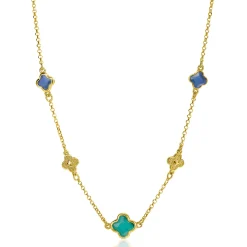 ZINZI gold plated zilveren schakel ketting met twee donkerblauwe klavers en een grotere groene klaver 40-45cm ZIC2583