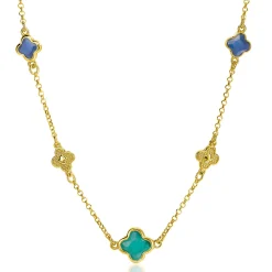 ZINZI gold plated zilveren schakel ketting met twee donkerblauwe klavers en een grotere groene klaver 40-45cm ZIC2583