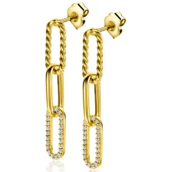 ZINZI gold plated zilveren lange oorsieraden 30mm met drie paperclip schakels, glad bewerkt witte zirconia's ZIO2330Y