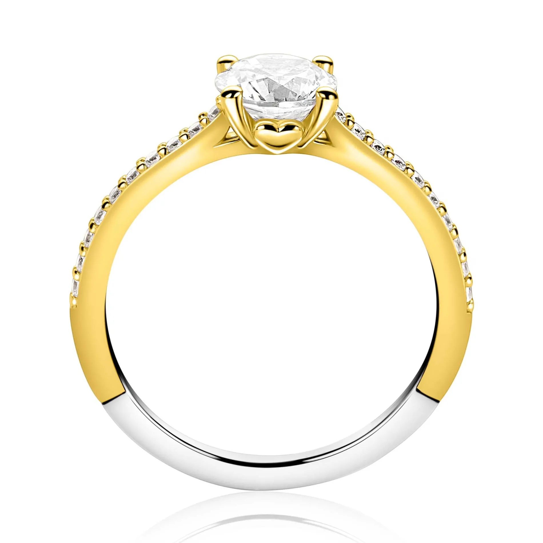 ZINZI gold plated zilveren verlovingsring met een grote ronde witte zirkonia (6,5mm) in vierpootszetting en klein hartje aan de zijkant ZIR2696Y