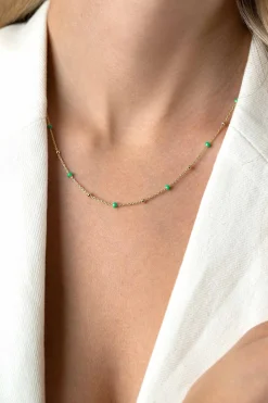 ZINZI gold plated zilveren fantasie ketting met 13 groene donuts en glanzende bolletjes 42-45cm ZIC2509