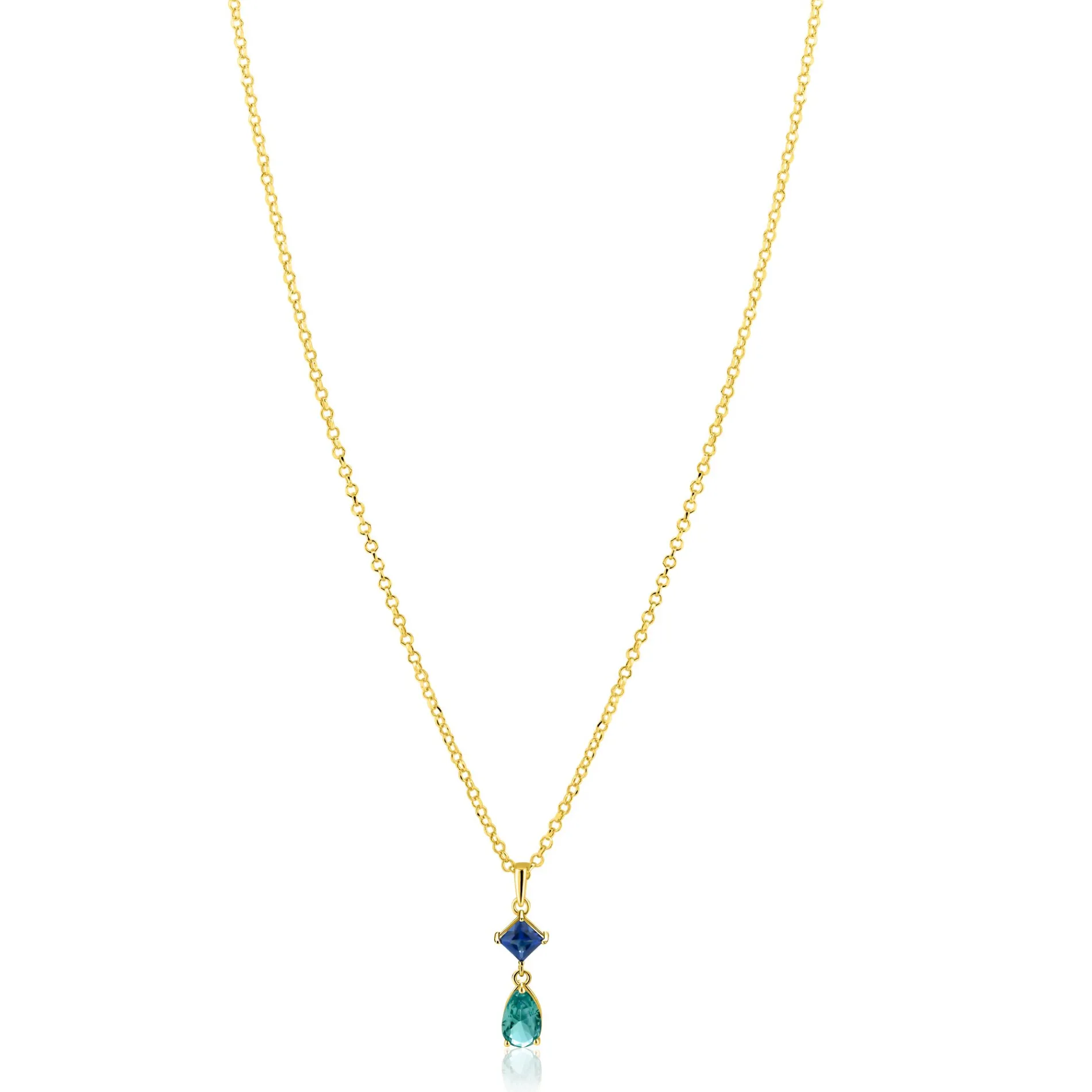 ZINZI gold plated zilveren ketting 42-45cm met luxe peervormige turquoise hanger en blauwe ruitvorm ZIC2745