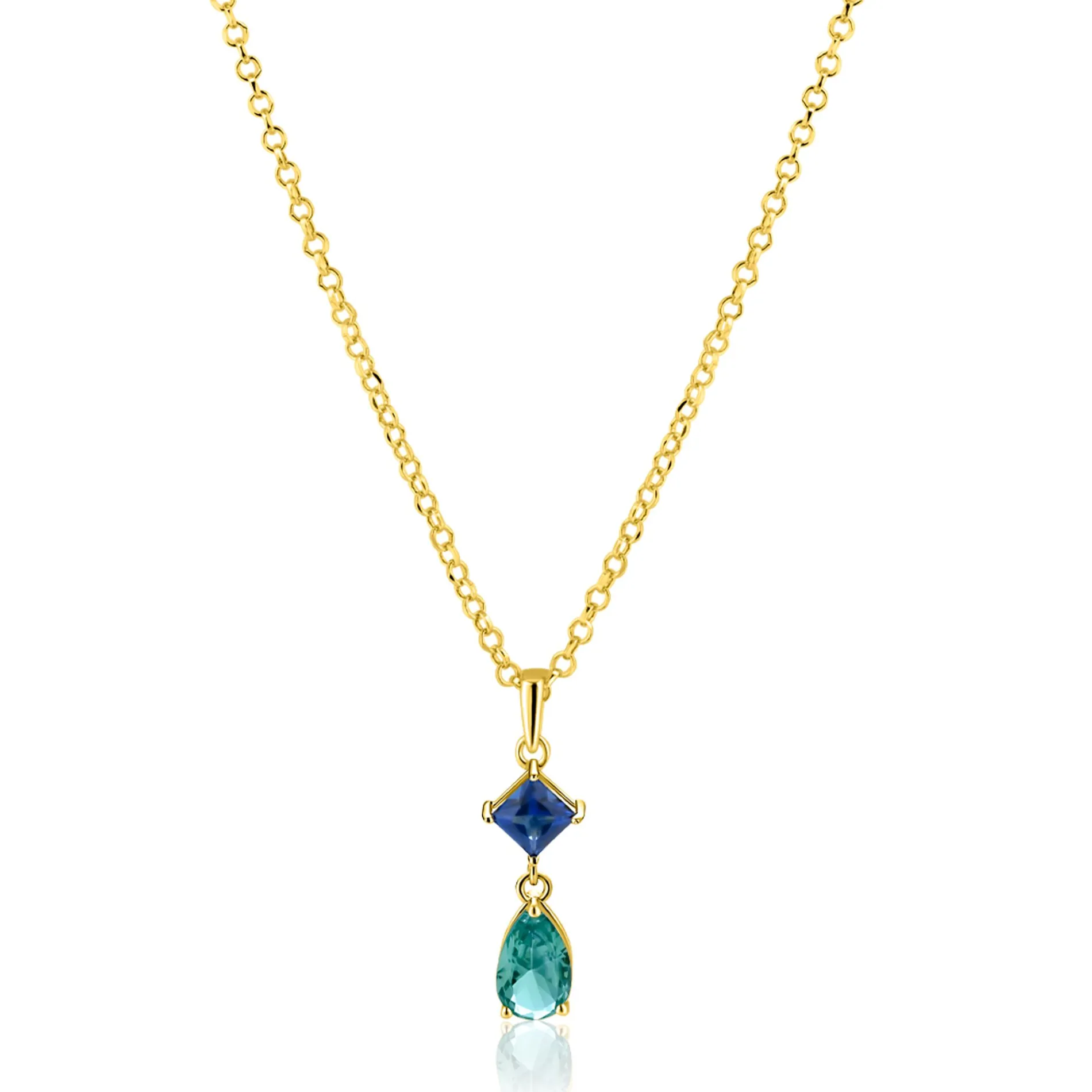 ZINZI gold plated zilveren ketting 42-45cm met luxe peervormige turquoise hanger en blauwe ruitvorm ZIC2745