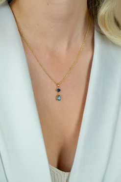 ZINZI gold plated zilveren ketting 42-45cm met luxe peervormige turquoise hanger en blauwe ruitvorm ZIC2745