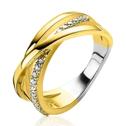 ZINZI gold plated zilveren luxe cross-over ring glad met witte zirconia's ZIR1774Y