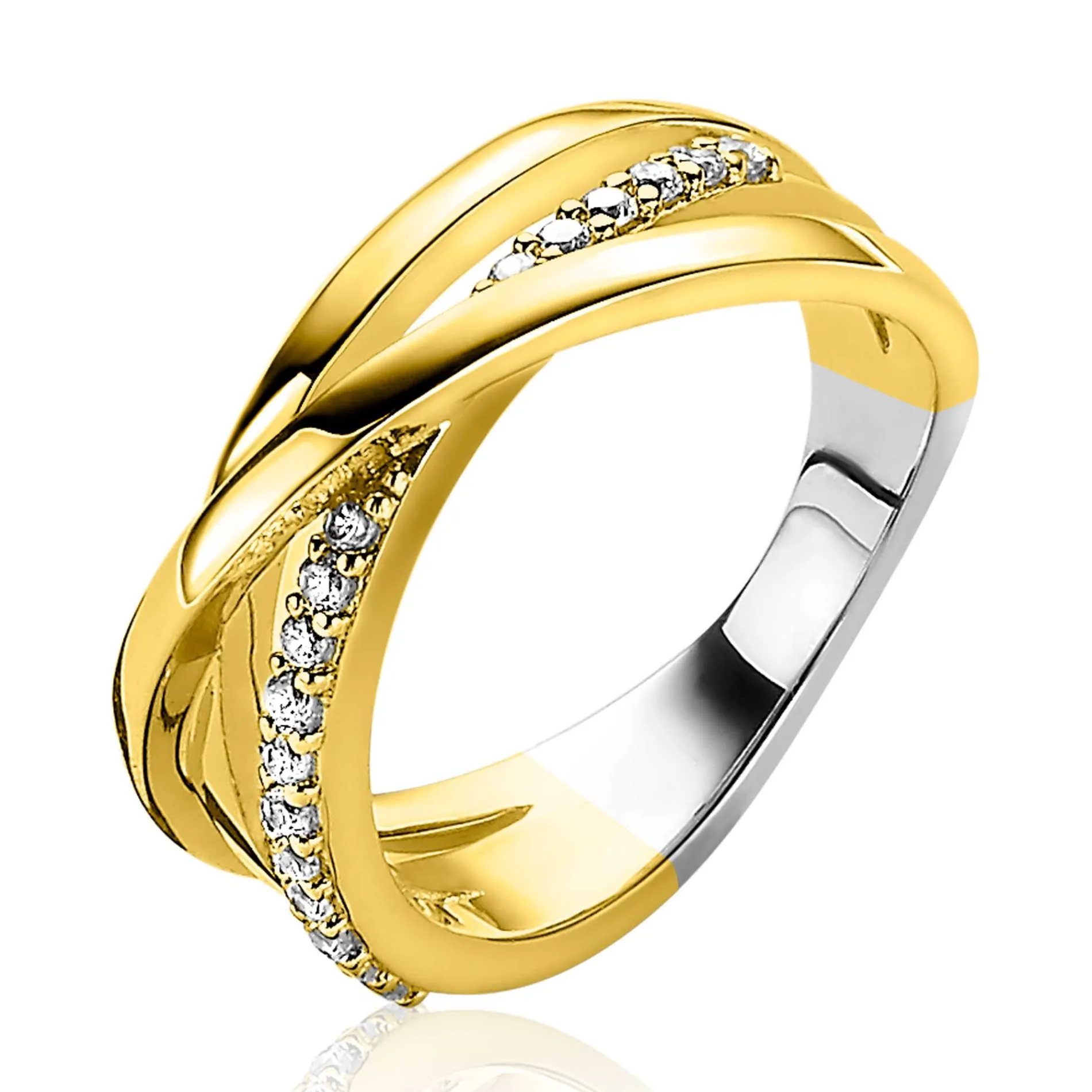 ZINZI gold plated zilveren luxe cross-over ring glad met witte zirconia's ZIR1774Y