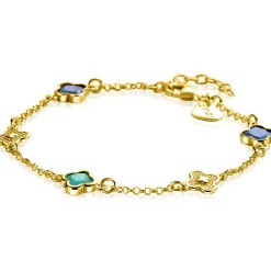 ZINZI gold plated zilveren schakel armband met twee donkerblauwe klavers en een groene klaver 16-19cm ZIA2583