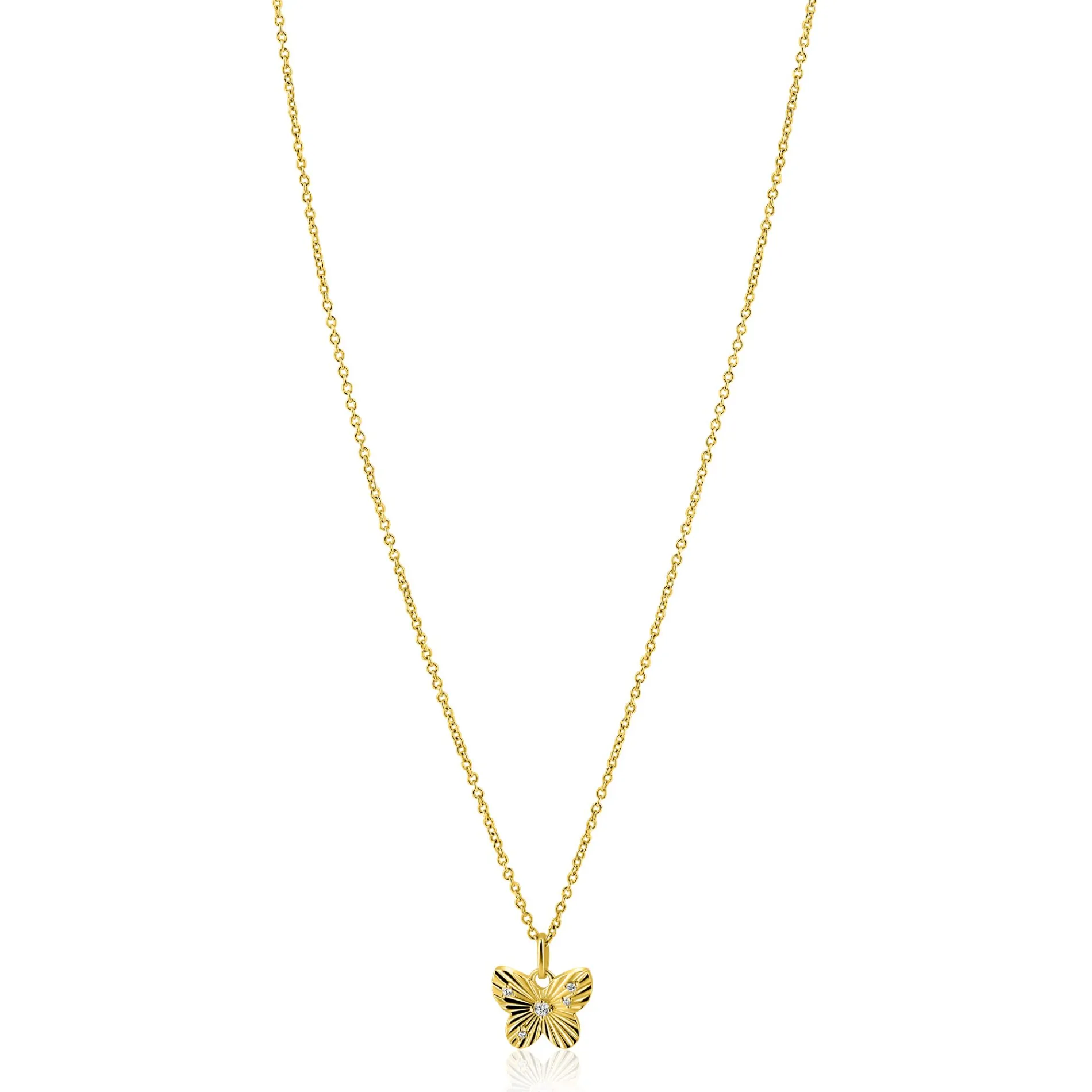 ZINZI gold plated zilveren ketting 42-45cm met vlinder hanger, bezet met witte zirkonia's ZIC2742