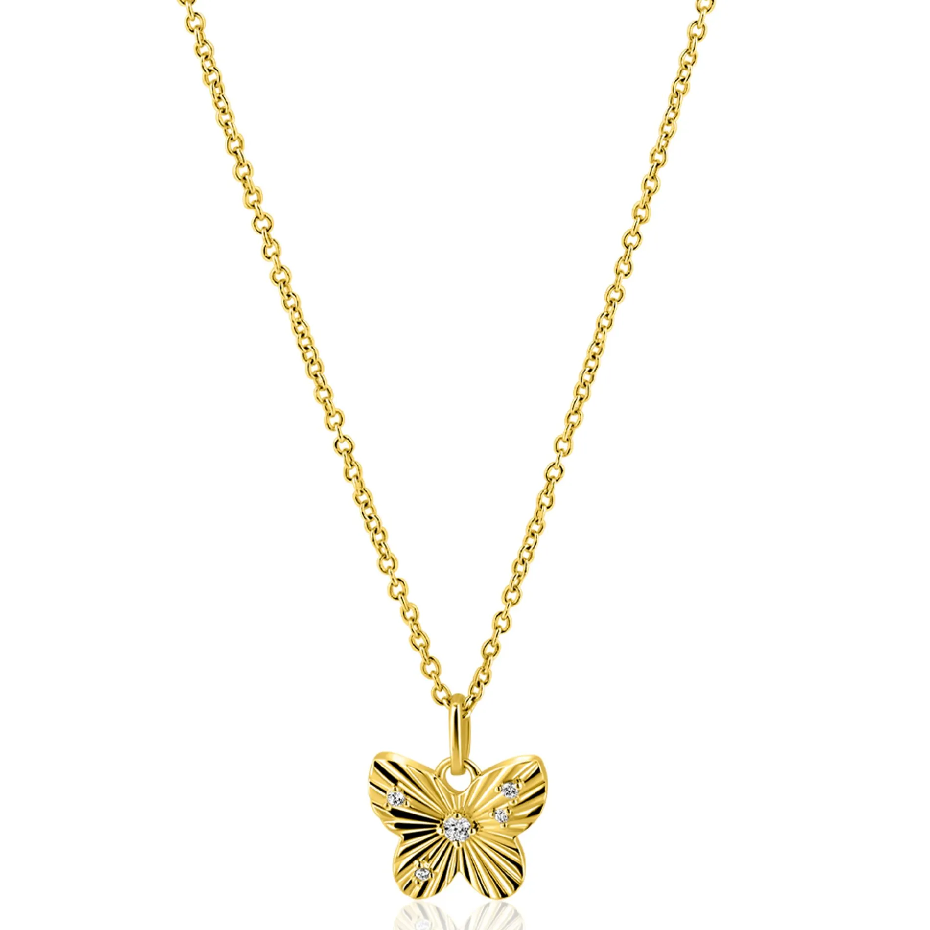 ZINZI gold plated zilveren ketting 42-45cm met vlinder hanger, bezet met witte zirkonia's ZIC2742